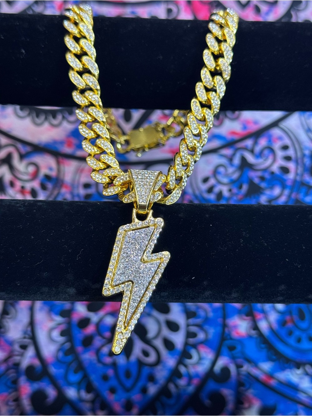 Gold Lightning Bolt Cuban Chain Necklace with Pavé Crystal Pendant